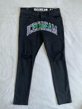Icecream Leap Embroidered Distressed Denim Jeans